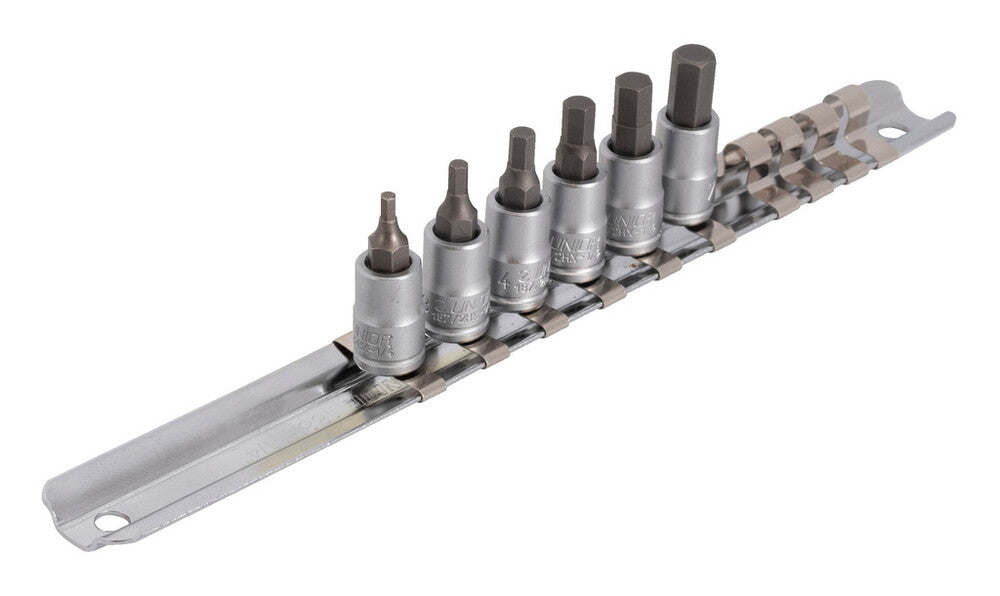 Screwdriver socket set with HX profile 1/4" on rail