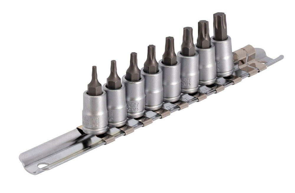 Screwdriver socket set with TX profile 1/4" on rail