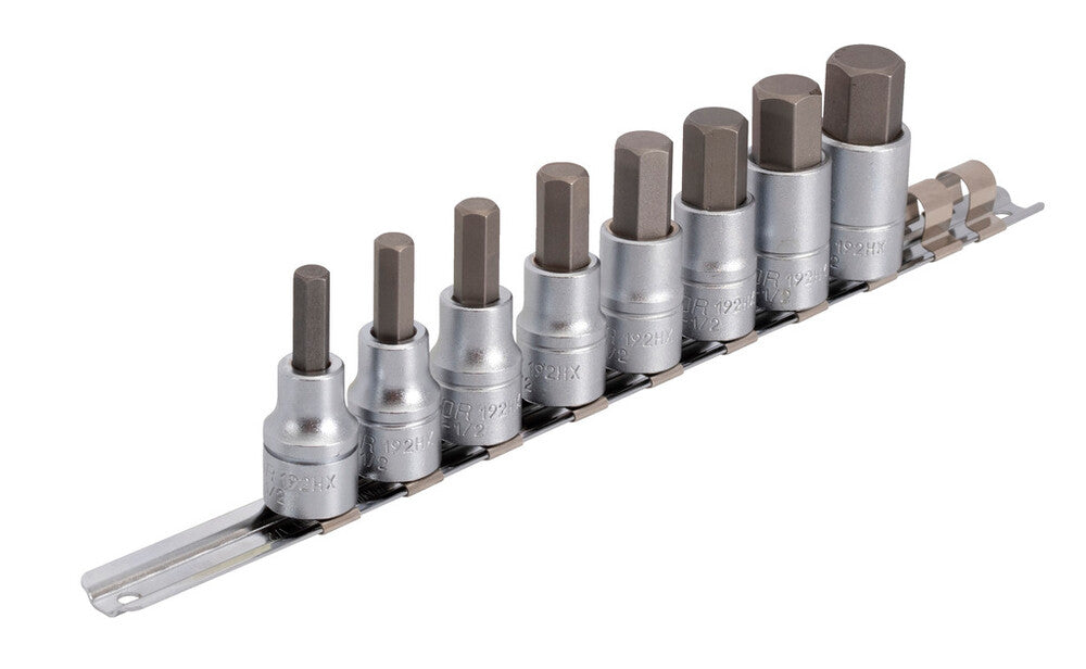 Screwdriver socket set with HX profile 1/2" on rail