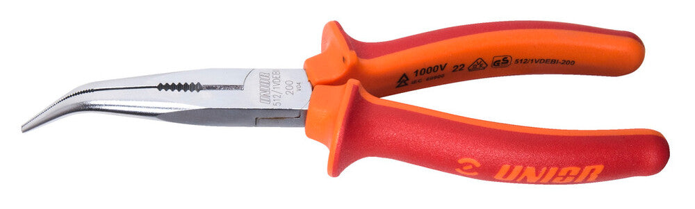 Long nose pliers with side cutter and pipe grip, bent