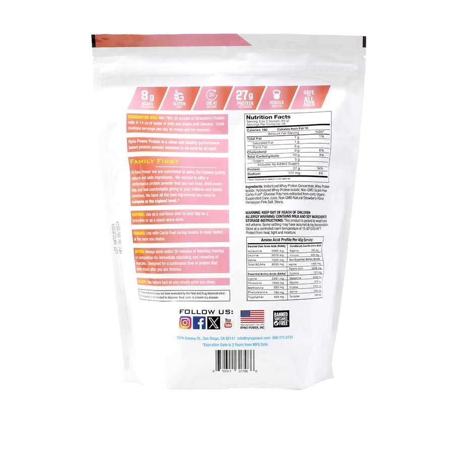 Ryno Power, Protein Powder, Drink Mix, Strawberry, Pouch, 20 servings