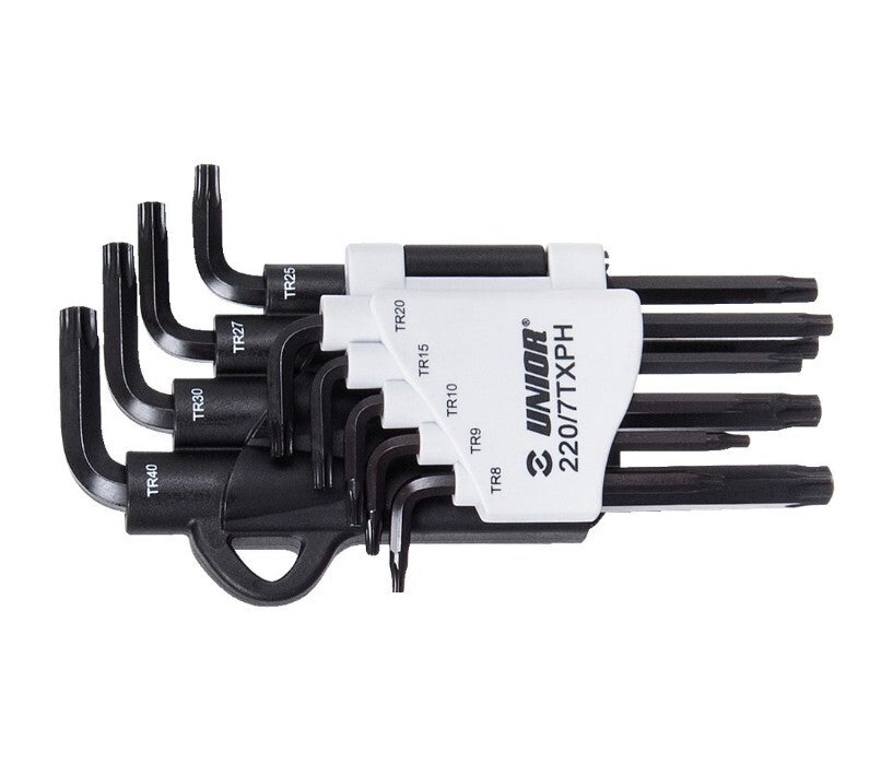 Set of wrenches with TX profile and hole in plastic clip