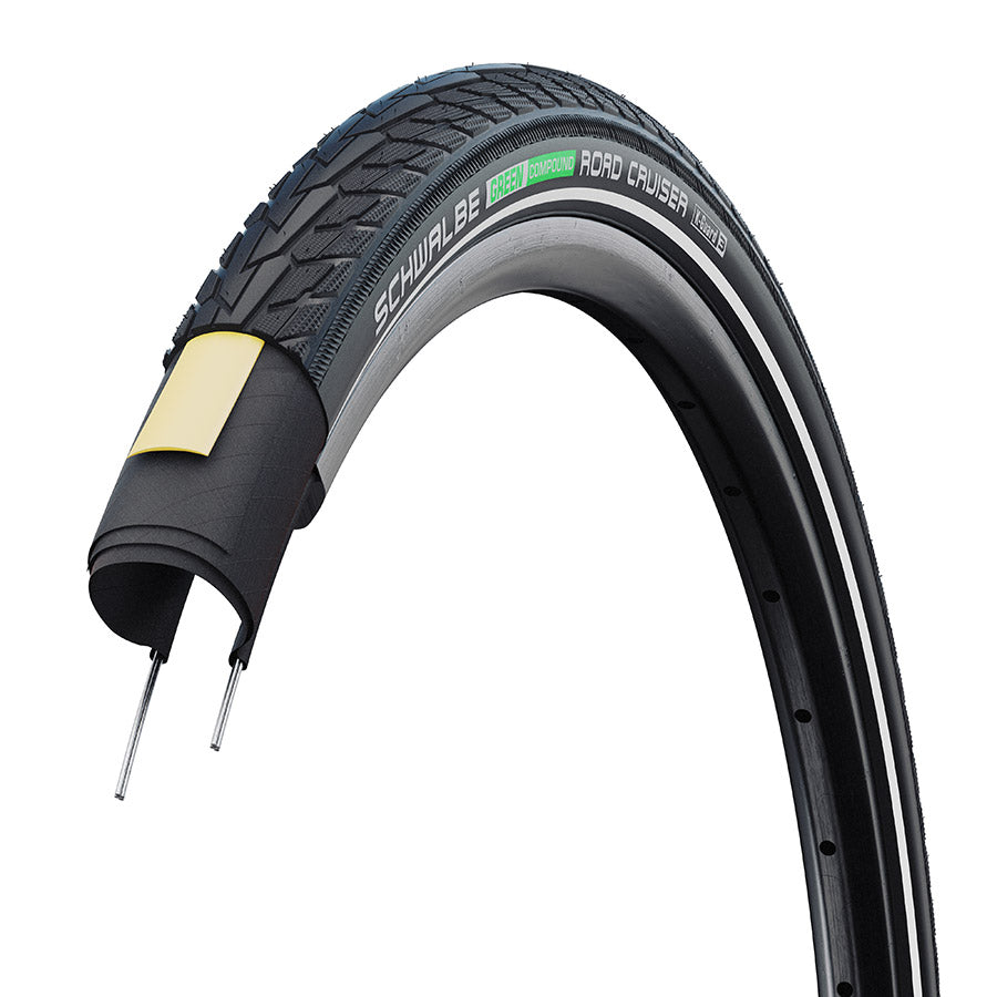Schwalbe Road Cruiser Tire 29 x 1.75 (47-622), Black w/Reflective Strip, Green Compound, K-Guard, SBC, Wire