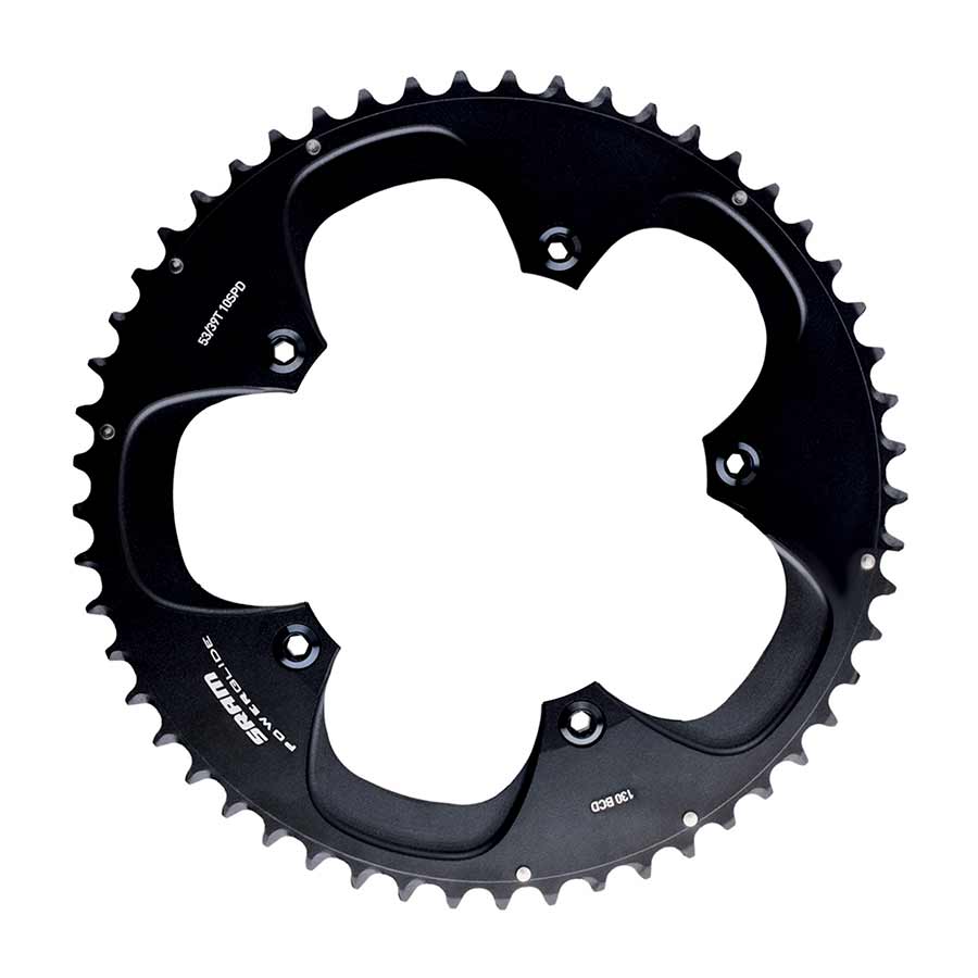 SRAM, 53T, 10 sp, BCD 130mm, 5-Bolt, Red, Outer Chainring, For Road double, Aluminum, Black, 11.6215.198.000