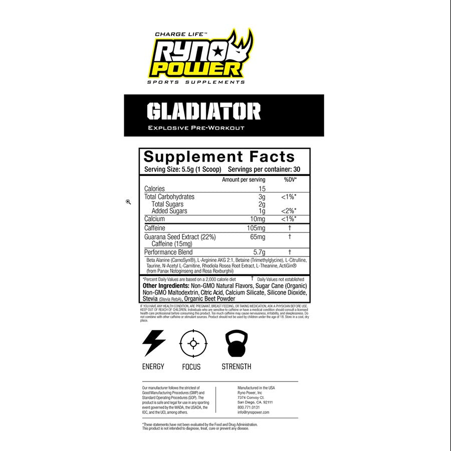 Ryno Power, Gladiator Pre-Workout, Drink Mix, Strawberry Lemonade, Jar, 30 servings